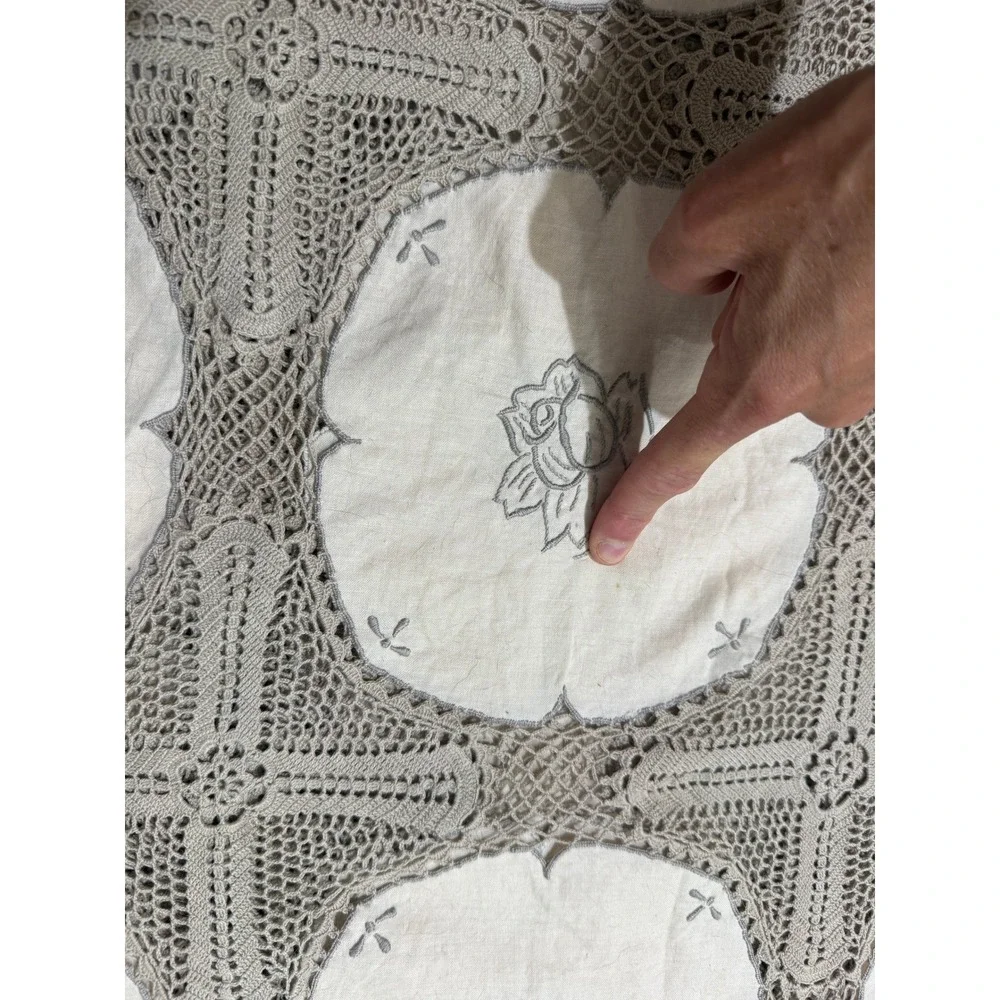 Vintage Antique Tablecloth Cotton Madeira With filet & Crochet lace LINEN E3-5
